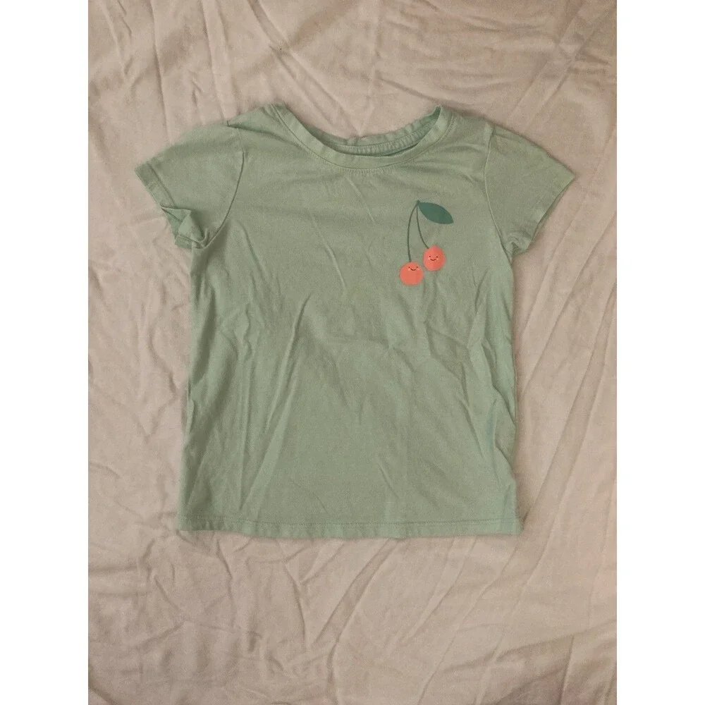 5T Cat & Jack girls clothes - 1 piece T shirt | solid mint green & cherry theme